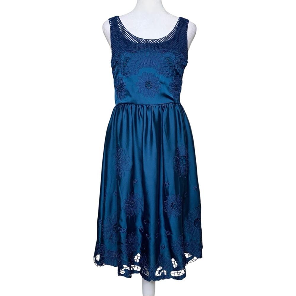 DEFENON Silk Embroidered Dress 4 Teal Blue Satin Floral Mesh Neck Fairy Grunge